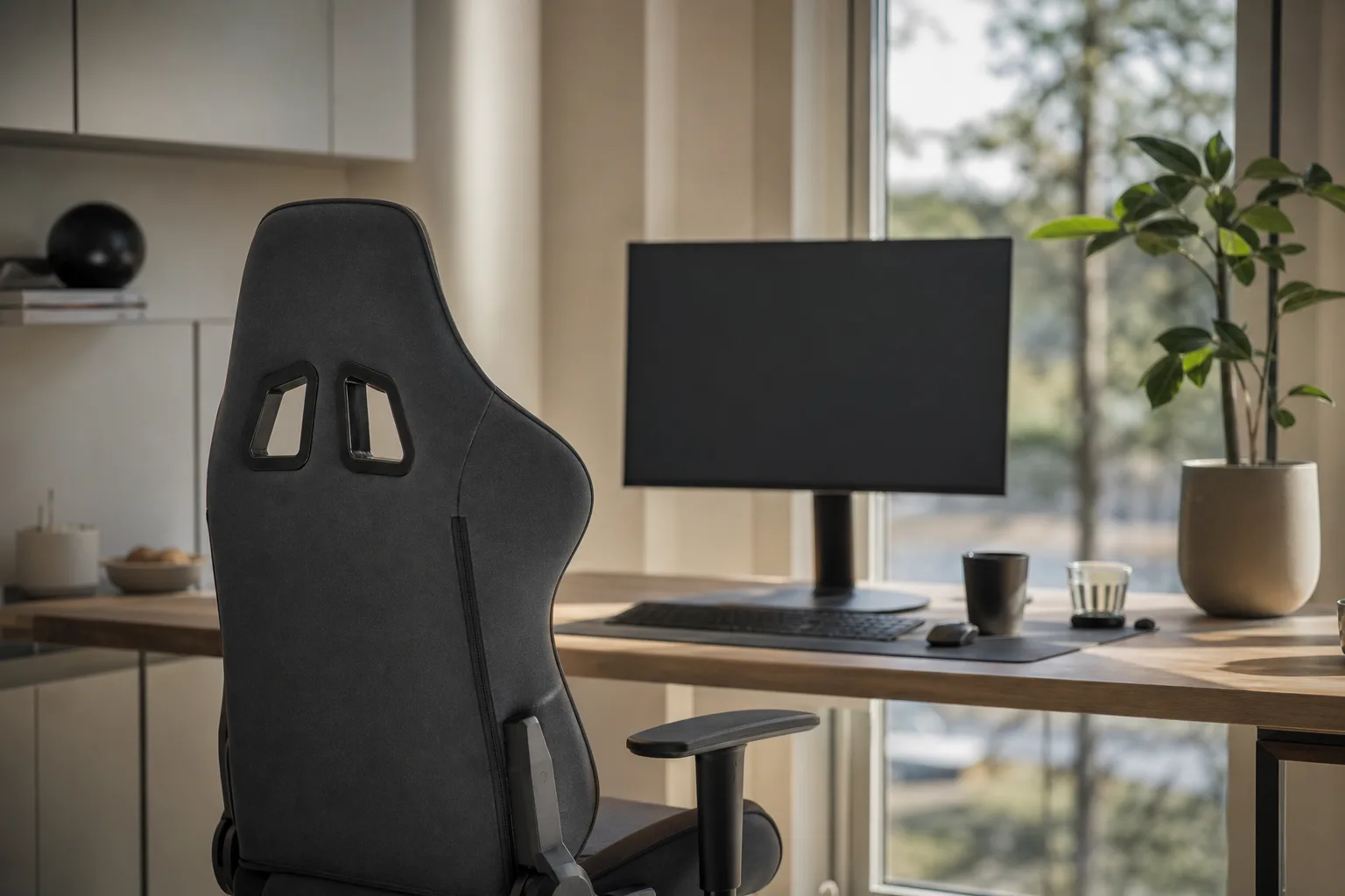 Generisk gamingstol vid rent skrivbord och olästbar skärm.