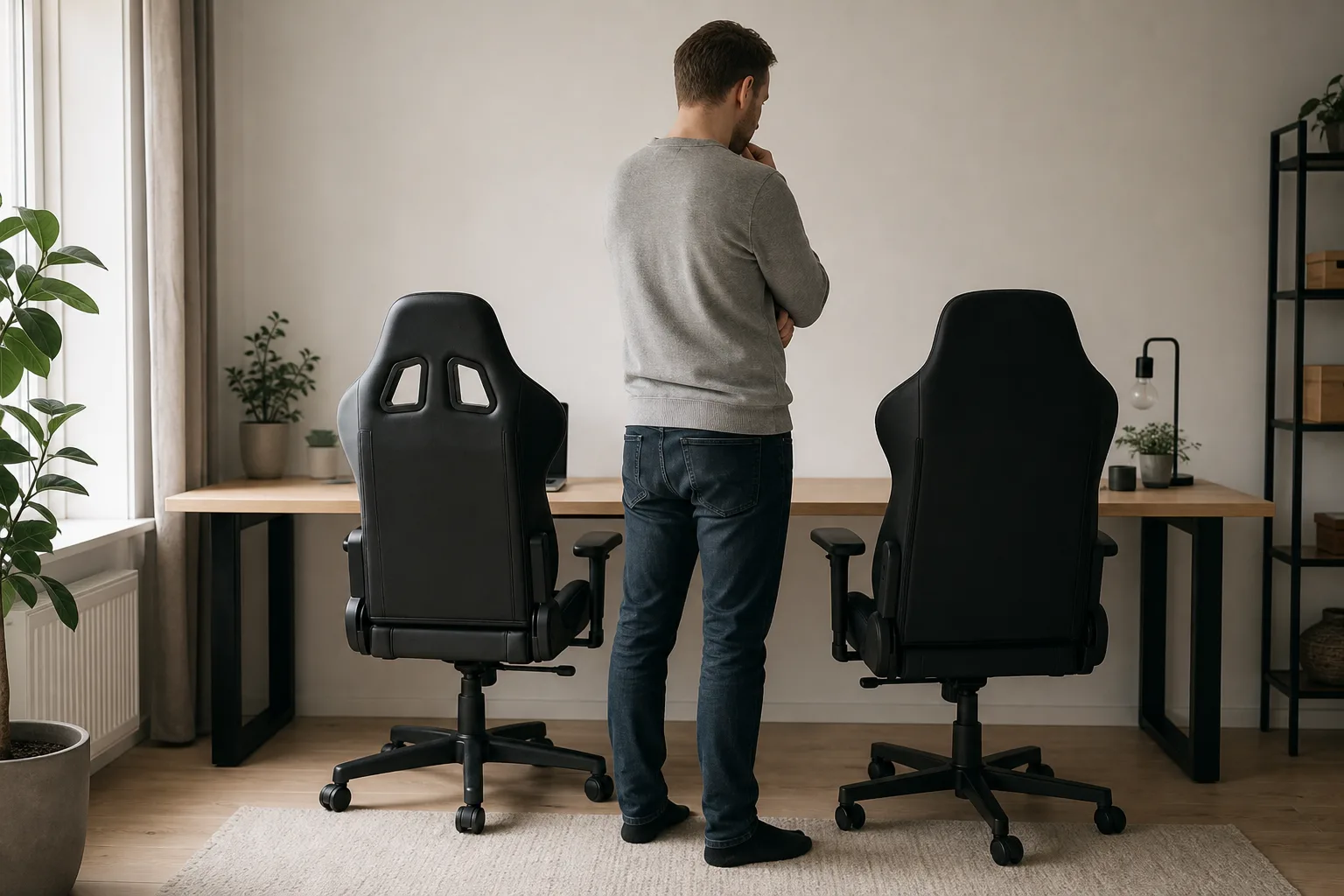Två neutrala gamingstolar vid ett hemmakontor.