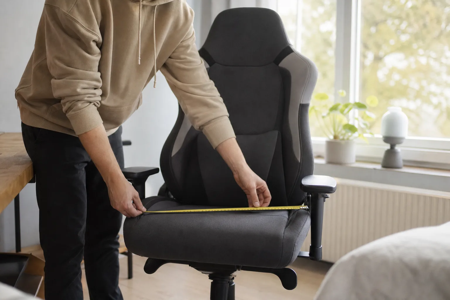 Måttband på sitsen av en generisk gamingstol.