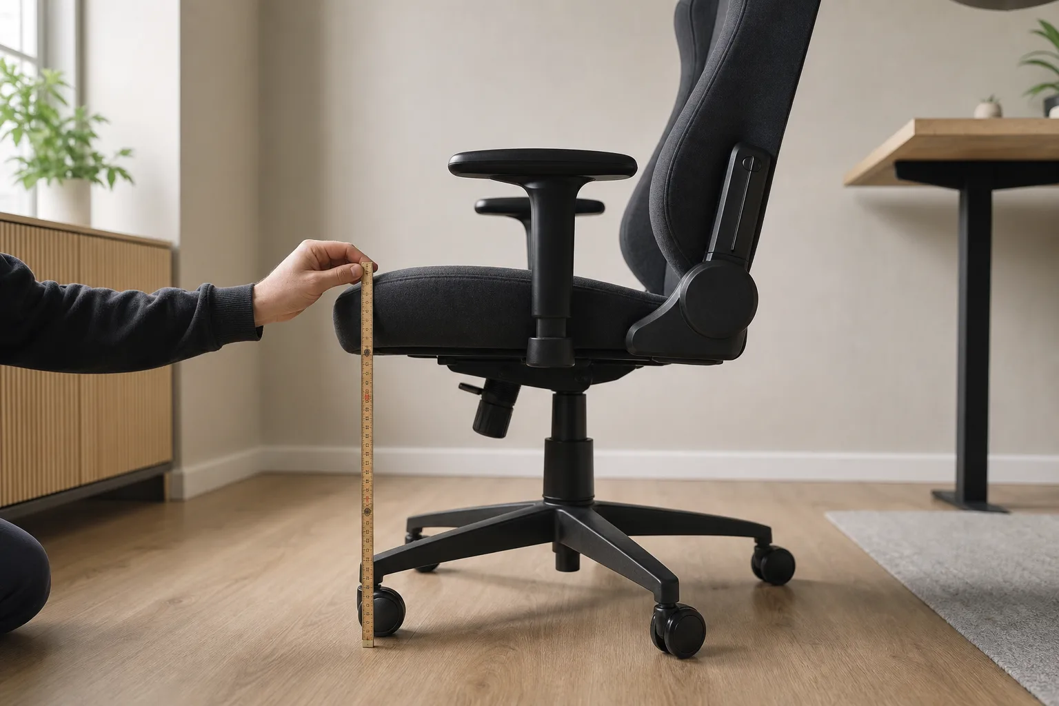 Tumstock som mäter sitthöjd på en generisk gamingstol.
