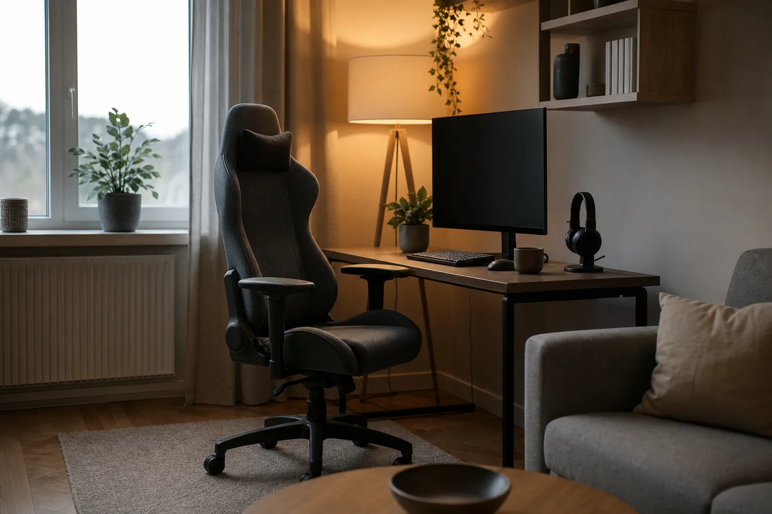 Generisk gamingstol vid skrivbord med skärm i ett svenskt vardagsrum.