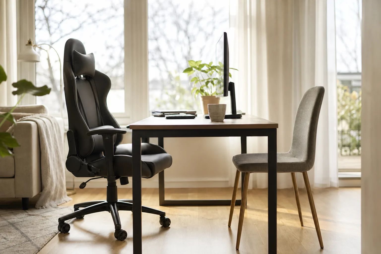 Generisk gamingstol och vanlig stol vid samma skrivbord.