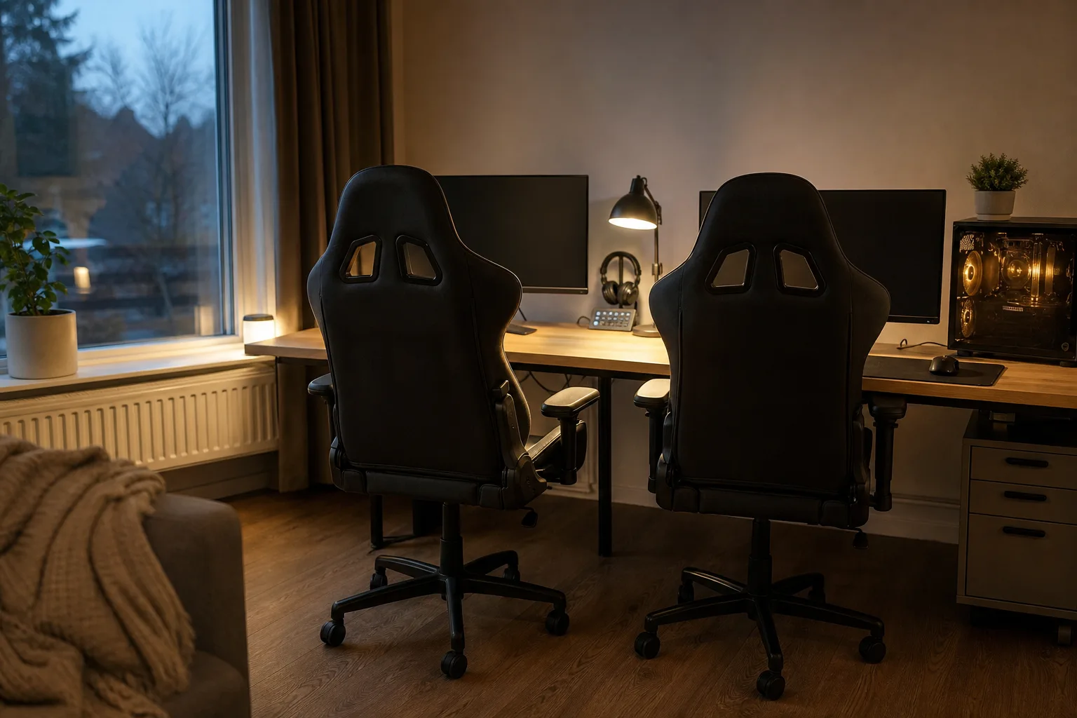Två stora generiska gamingstolar vid ett brett skrivbord.