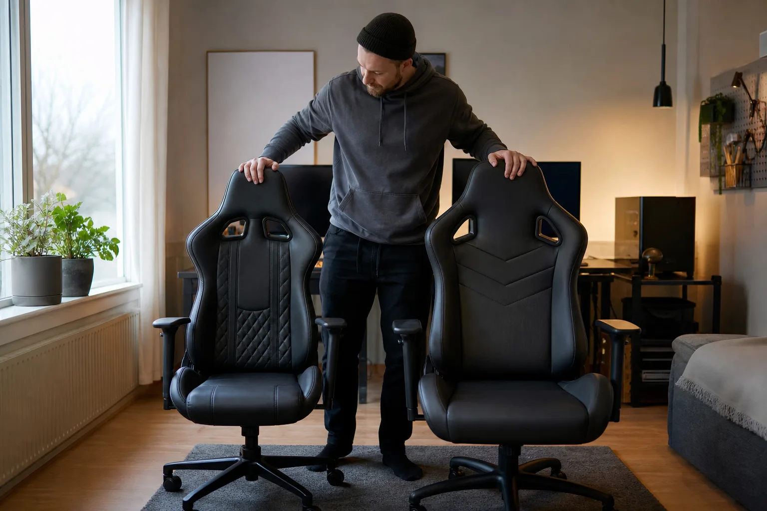 Två generiska gamingstolar med olika breda sitsar.
