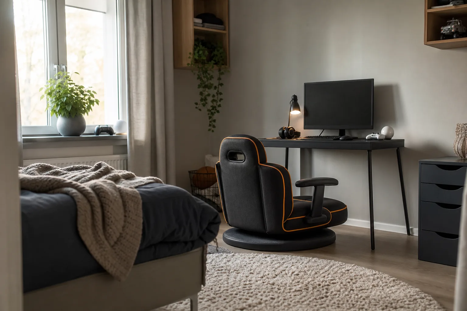 Barnrum med liten generisk gamingstol och skrivbord.