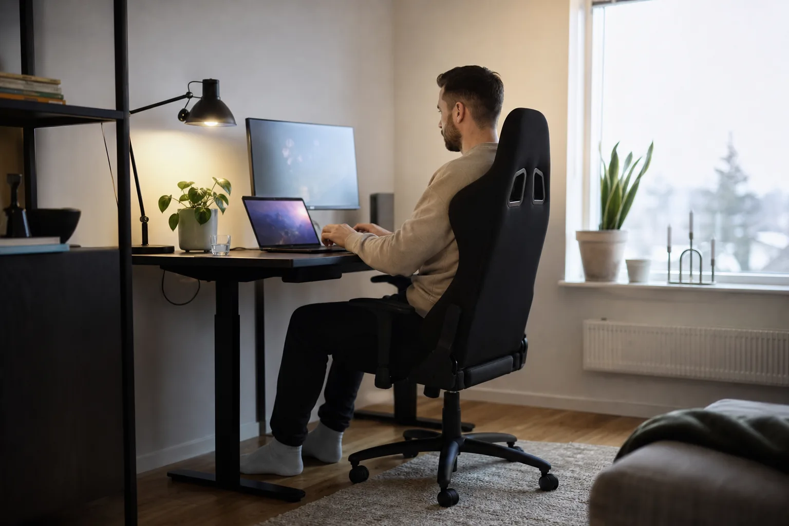 Generisk gamingstol vid ett hemmakontor med laptop och skärm.