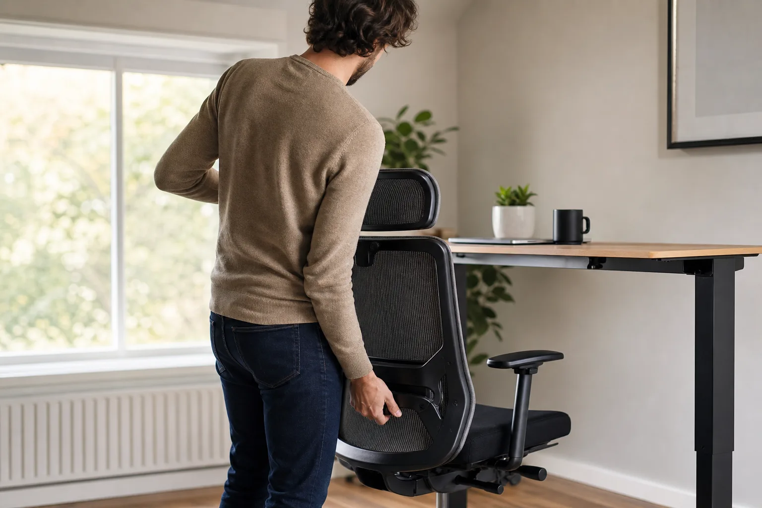Lång person bakifrån vid en generisk gamingstol och ett högt skrivbord.