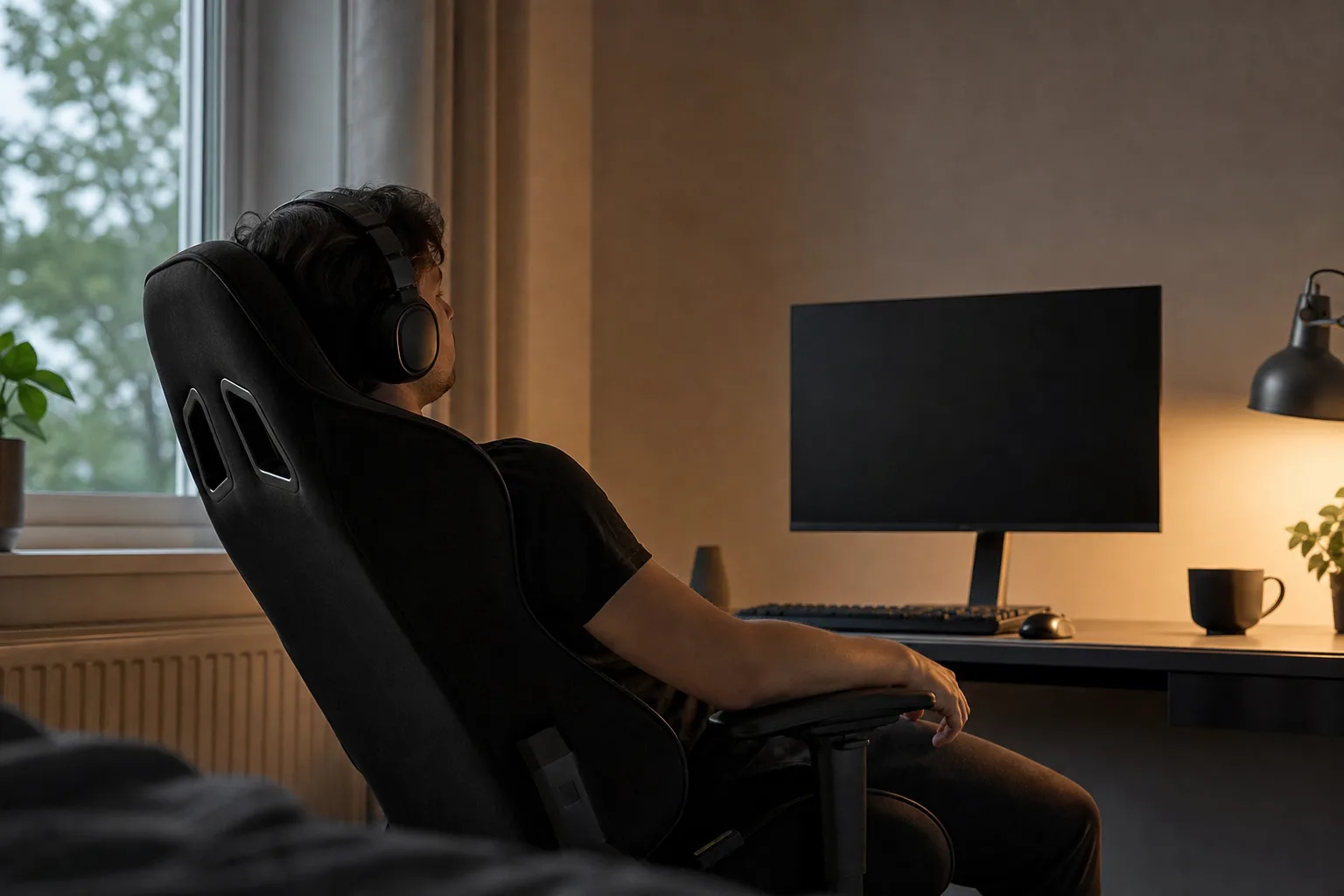 Bakåtfälld neutral gamingstol vid skrivbord i kvällsljus.