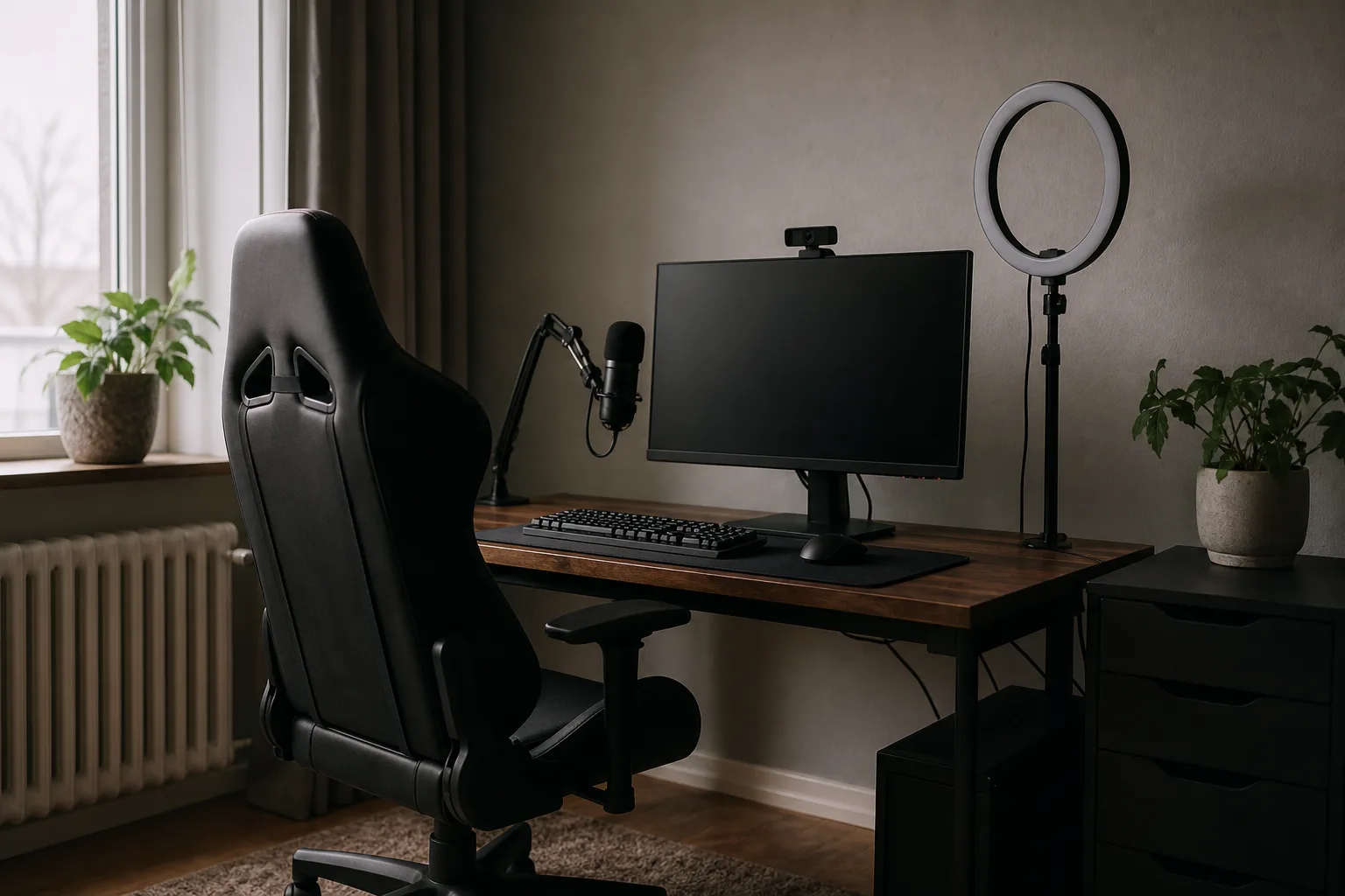 Generisk gamingstol vid skrivbord med mikrofonarm och ringlampa.