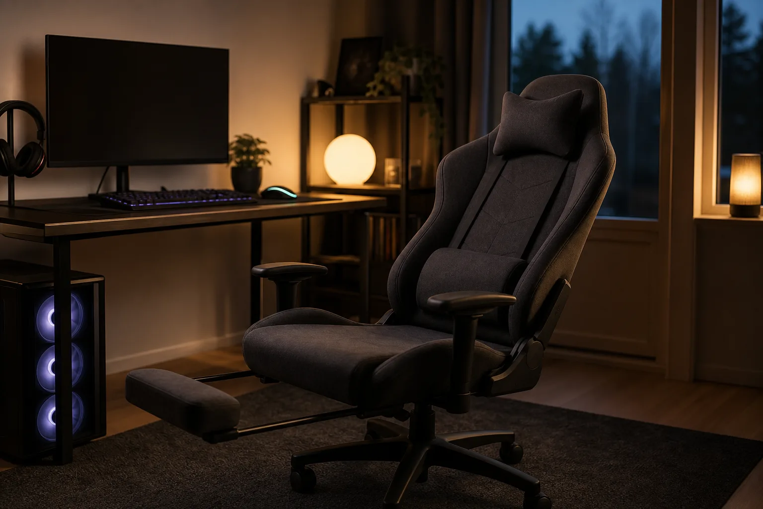 Generisk gamingstol med utfällt fotstöd vid ett skrivbord.