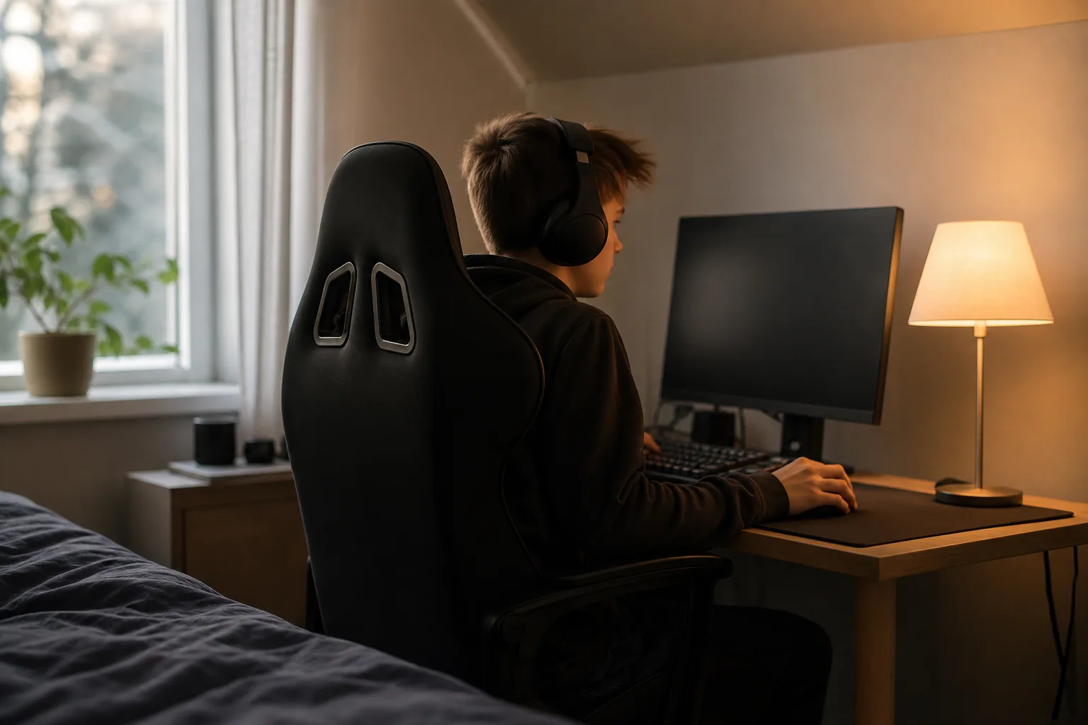 Neutral gamingstol med racinginspirerad form vid skrivbord.