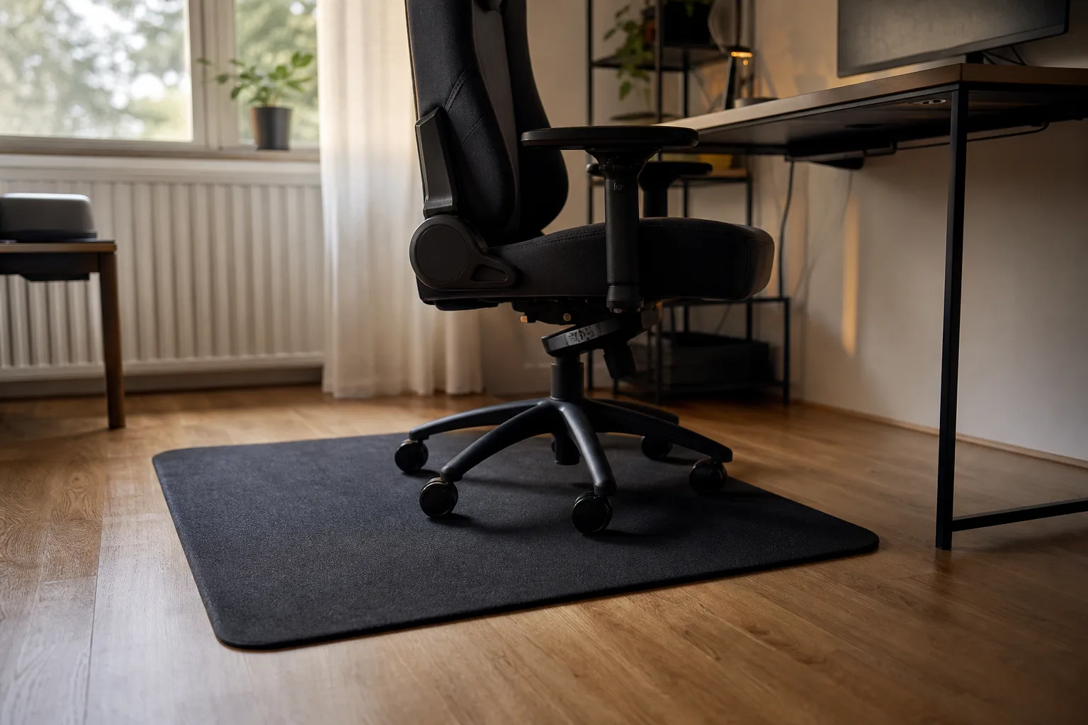 Generisk gamingstol på mörk stolmatta över trägolv.