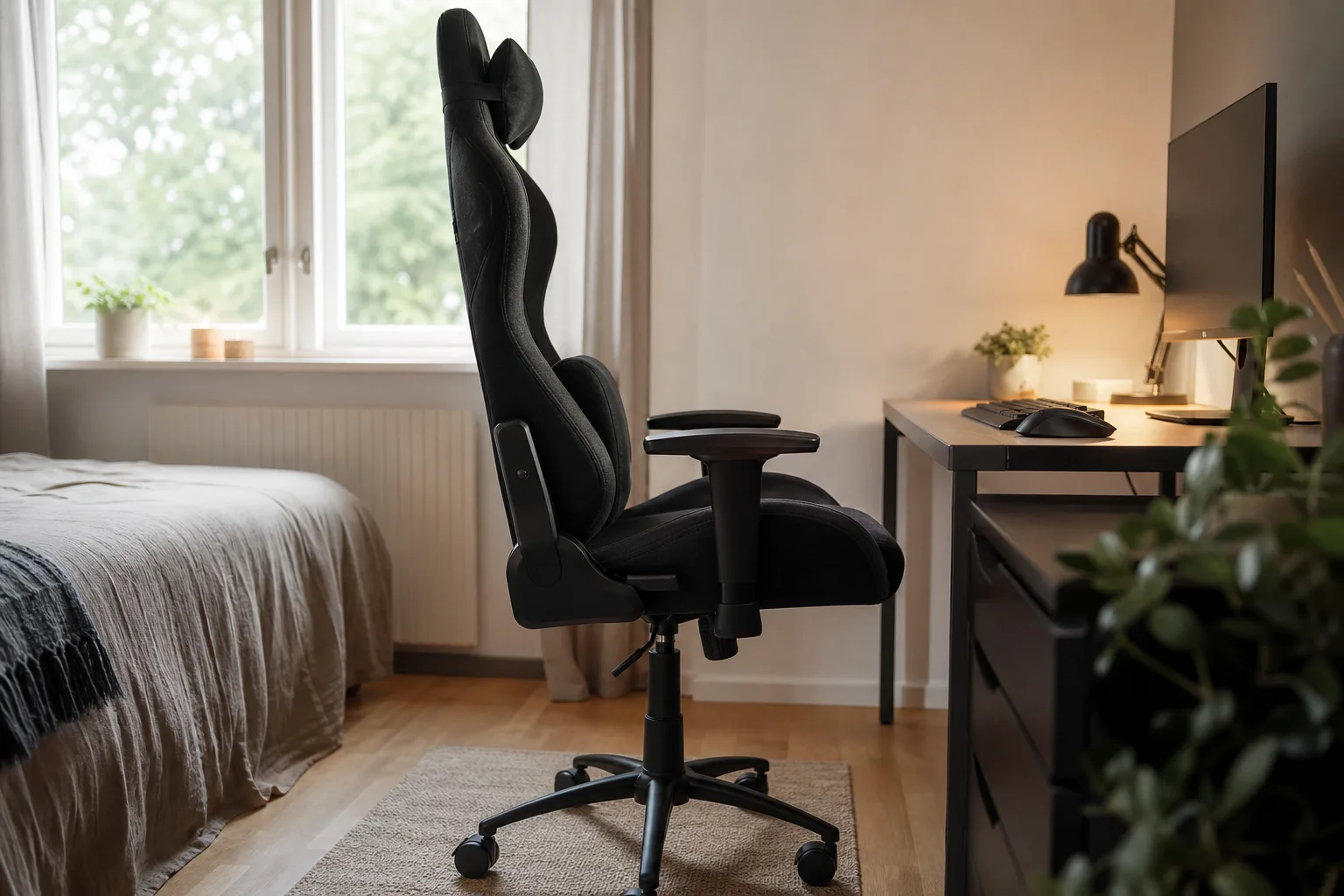 Generisk gamingstol med sidokuddar framför skrivbord.