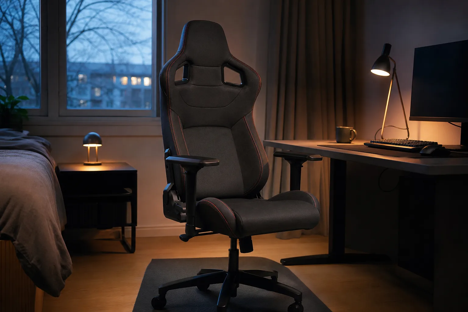 Hög generisk gamingstol vid skrivbord i kvällsljus.