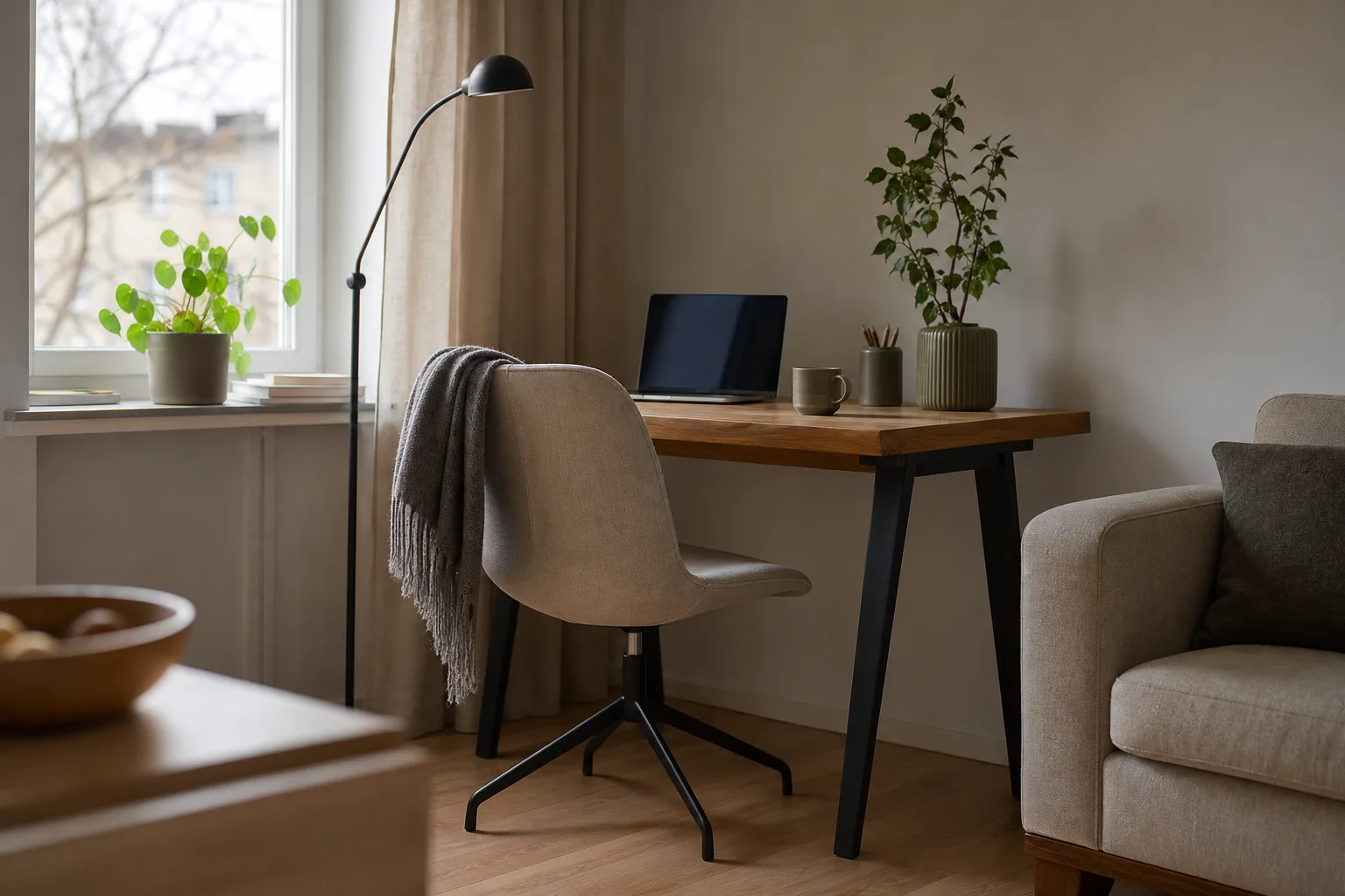 Generisk stol vid enkelt skrivbord i en svensk lägenhet.