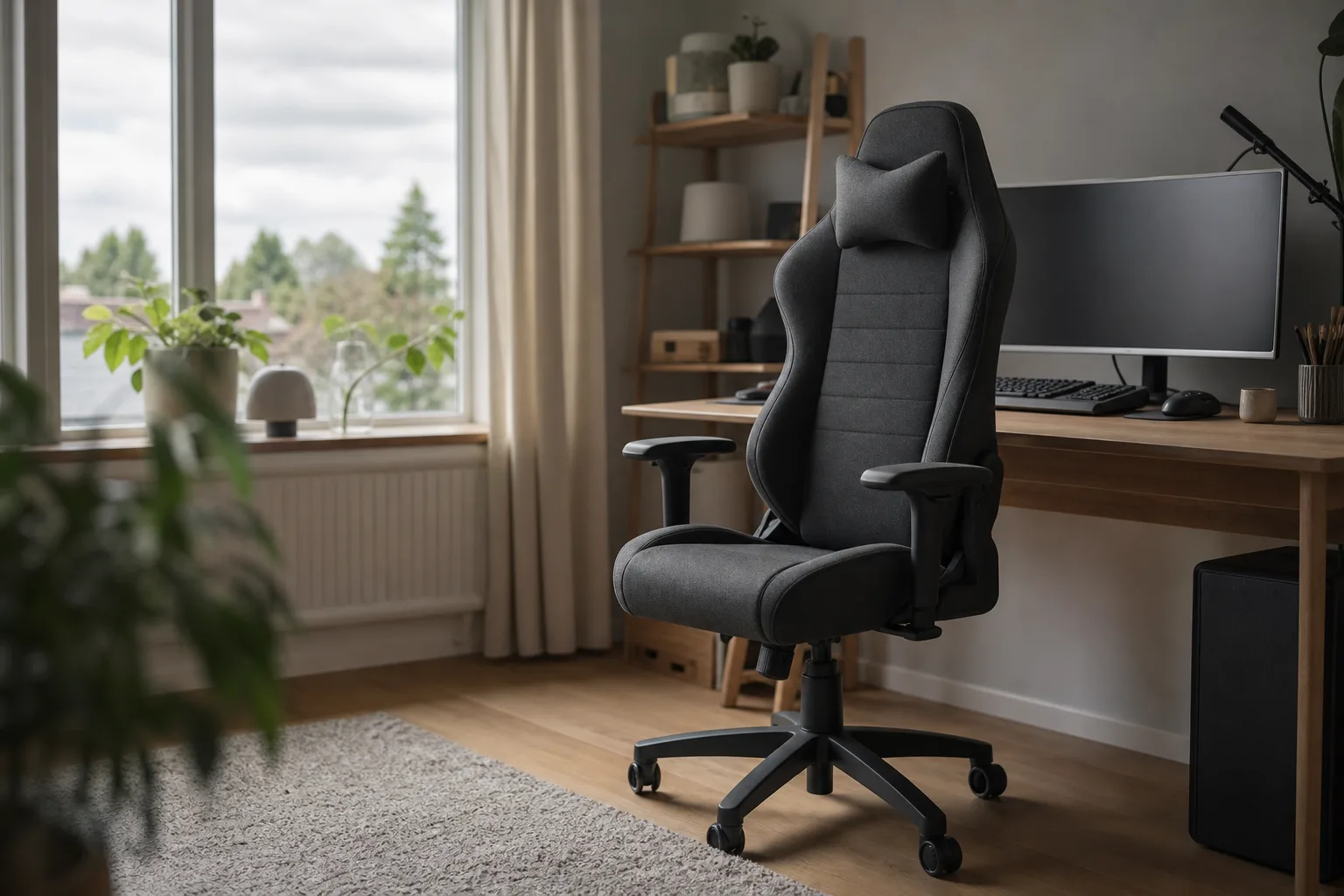 Mörkgrå generisk gamingstol vid träskrivbord.