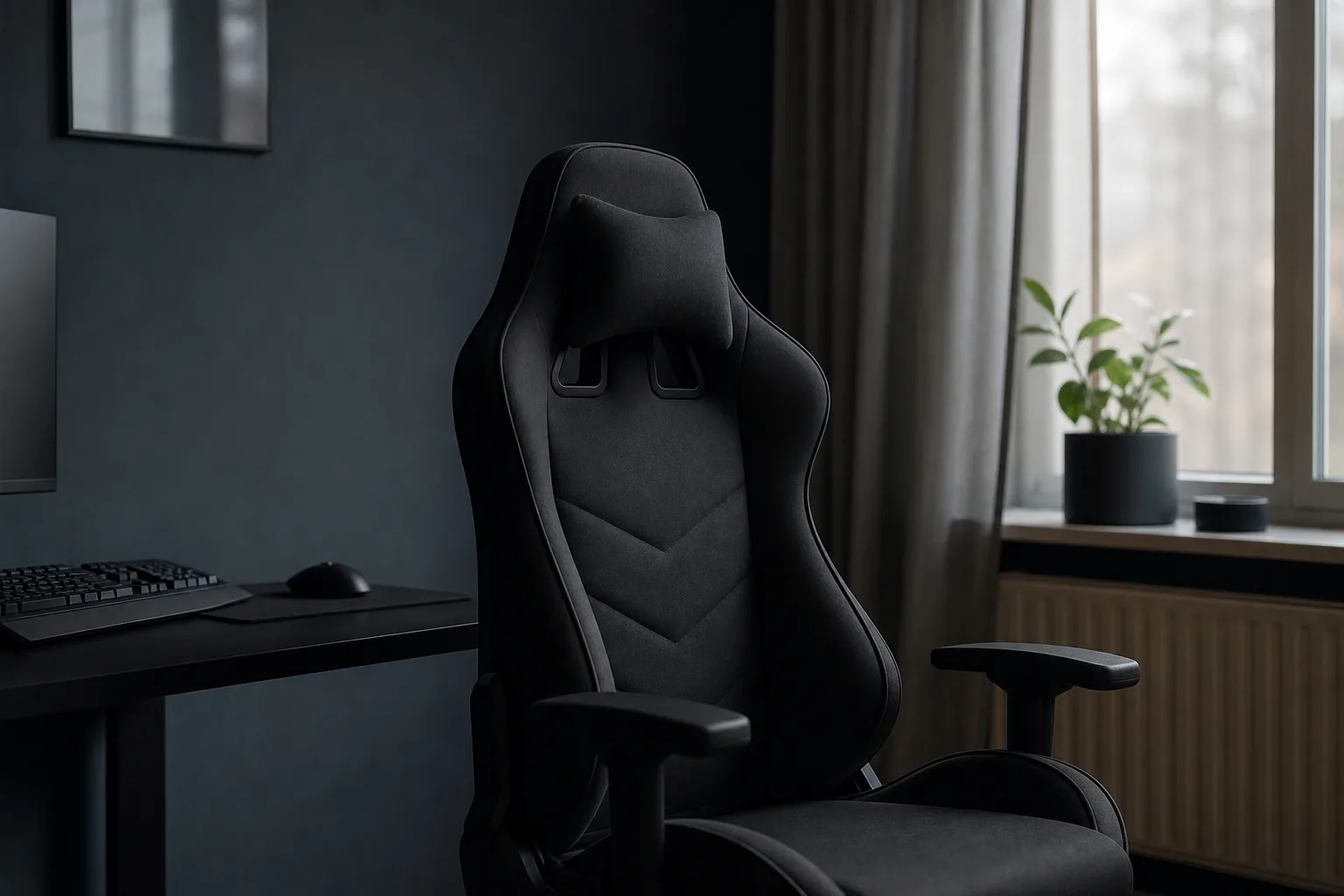 Mörk generisk gamingstol vid skrivbord med växt i bakgrunden.