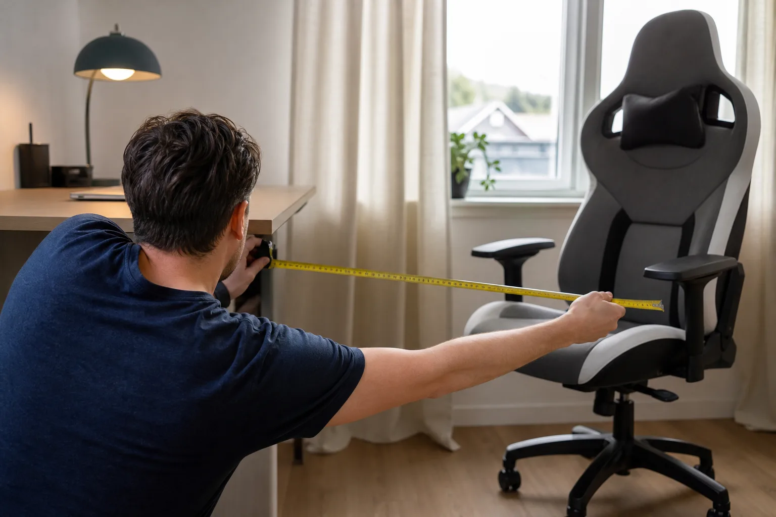 Person bakifrån som mäter mellan skrivbord och generisk gamingstol.